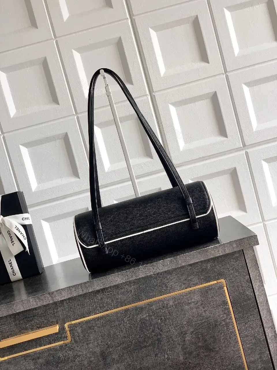 View 5 of Chic Black Leather Flap Bag with White Piping Contrasts