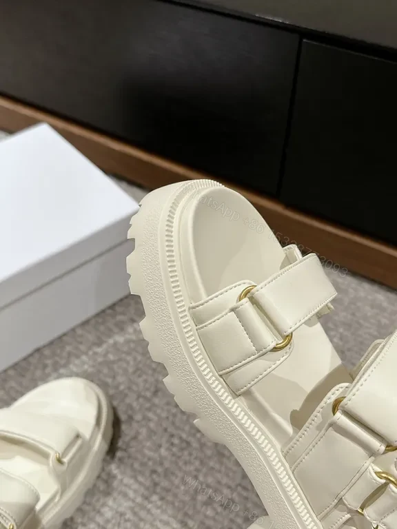 View 4 of Chunky White Leather Sandals with Gold Branding, Dior-Inspired