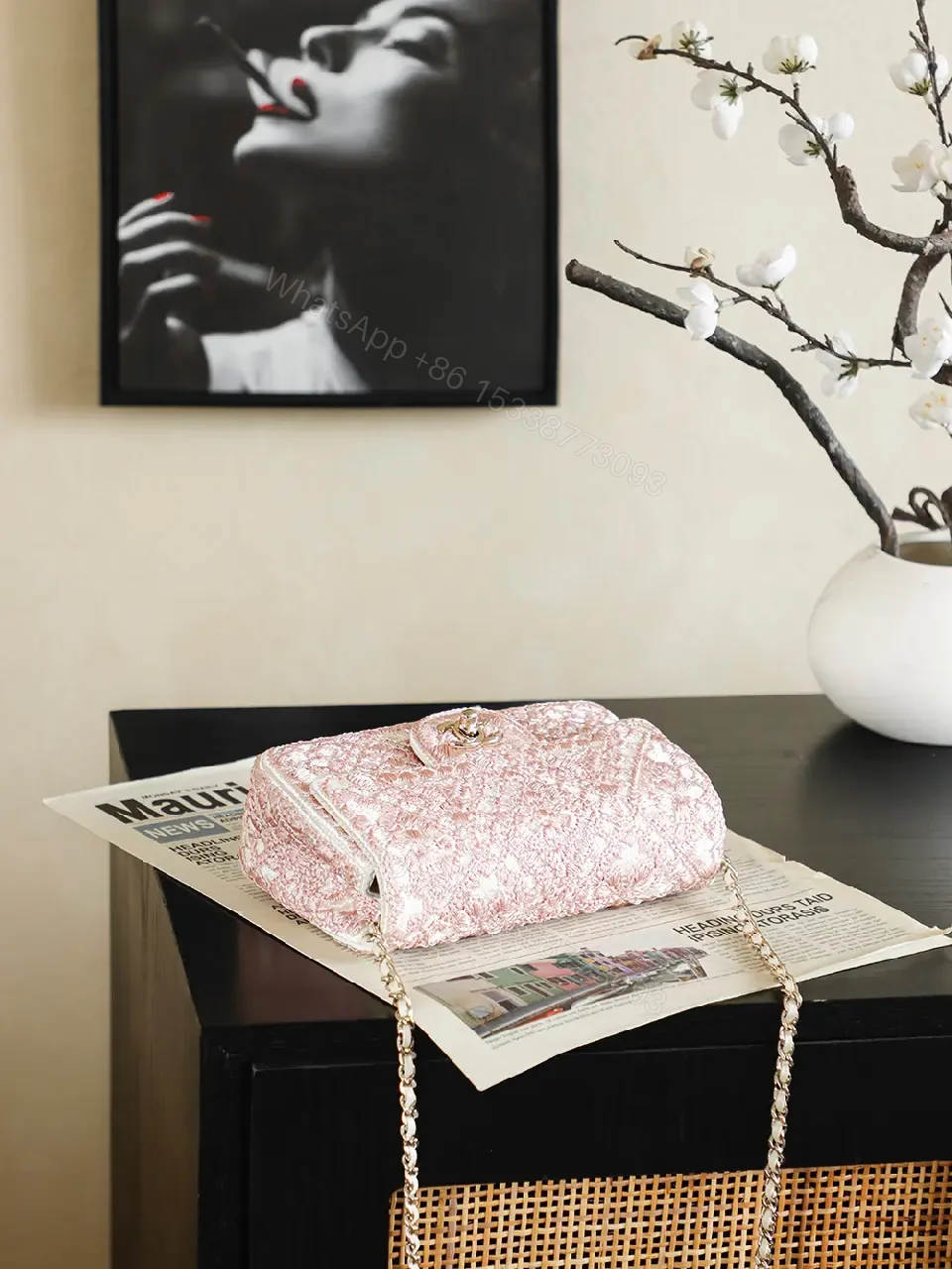View 3 of pink glitter fabric Chanel-inspired shoulder bag with chain strap for everyday luxury