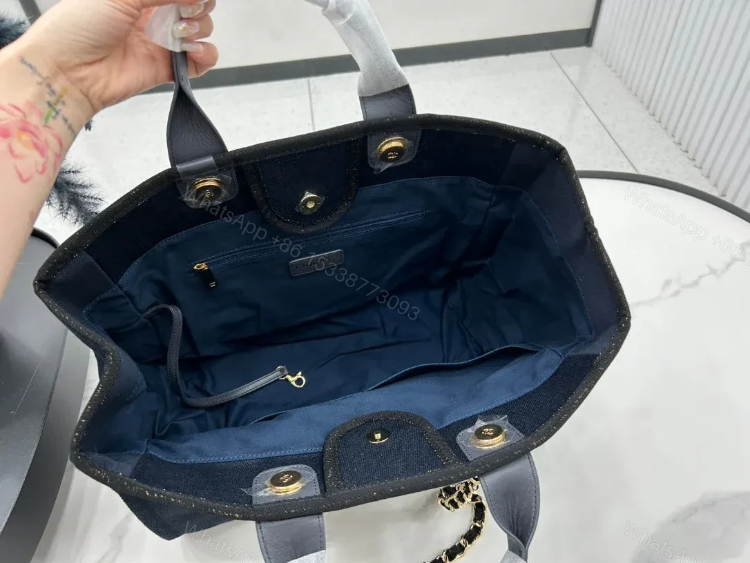 View 2 of CHANEL DEAUVILLE LARGE 38 TOTE BAG IN BLACK CANVAS WITH GOLD EMBROIDERED LOGO