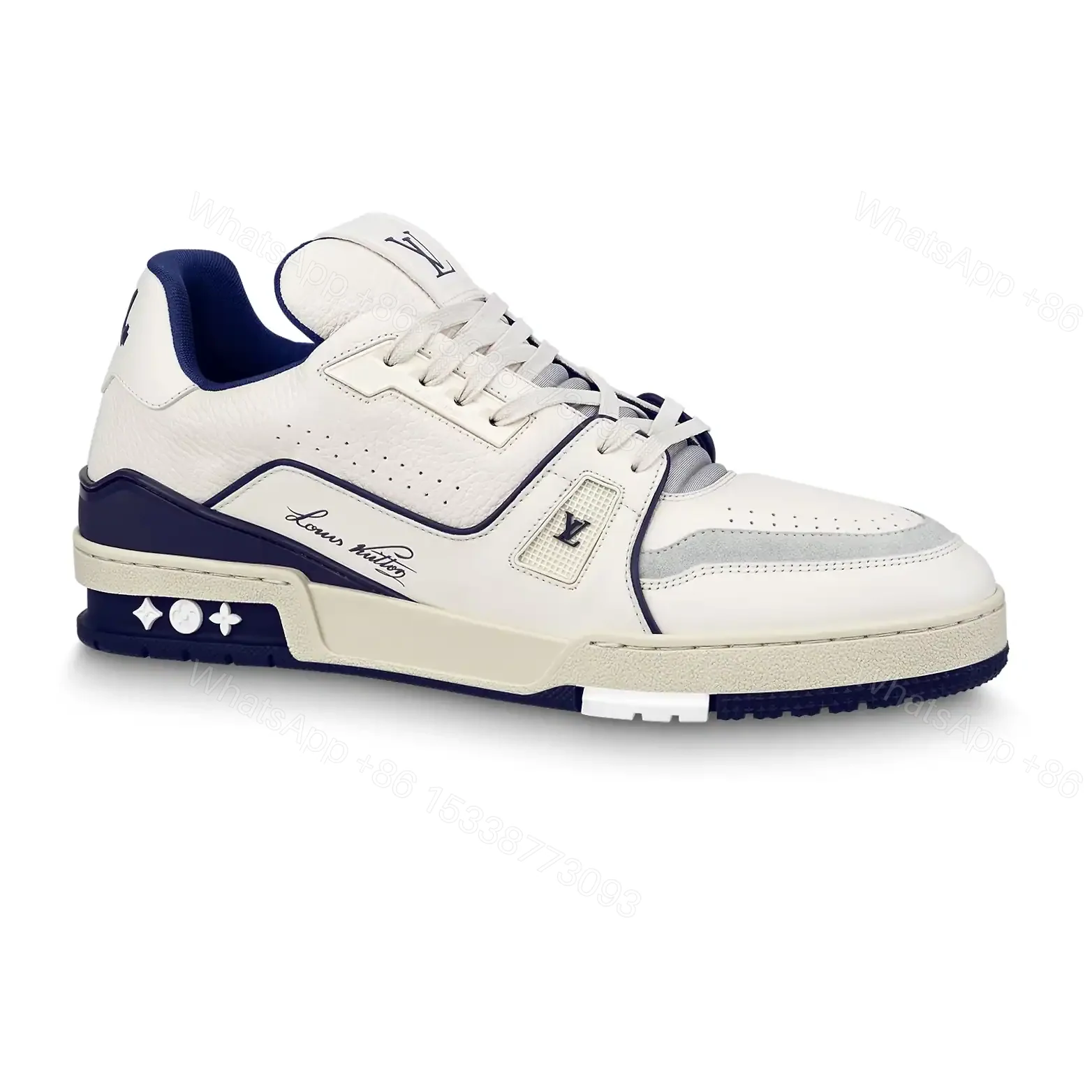 LOUIS VUITTON LV TRAINER SNEAKERS IN WHITE AND NAVY BLUE – LSVT353 — view 1