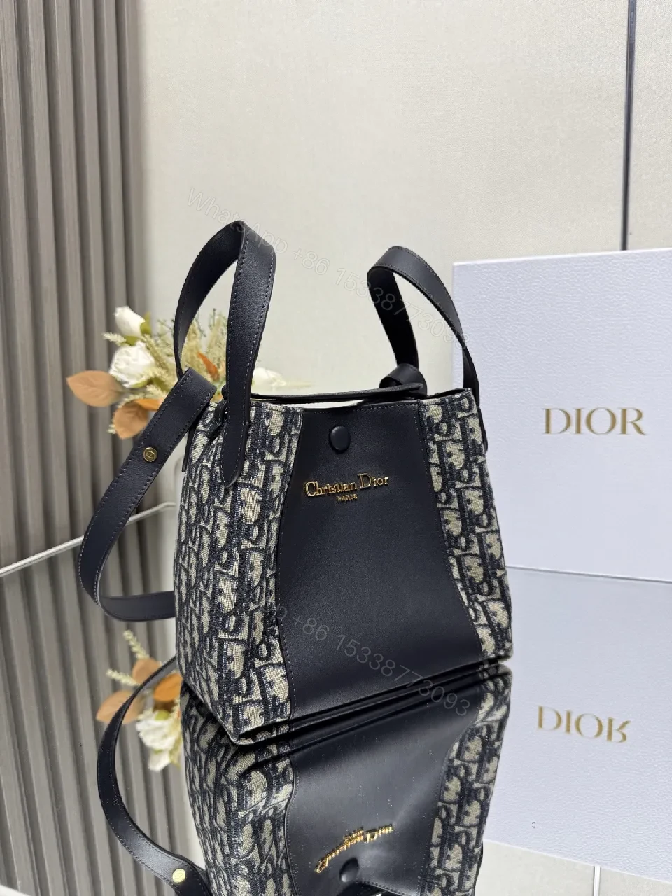 View 4 of Structured Black Leather Monogram Mini Bag with Gold Hardware