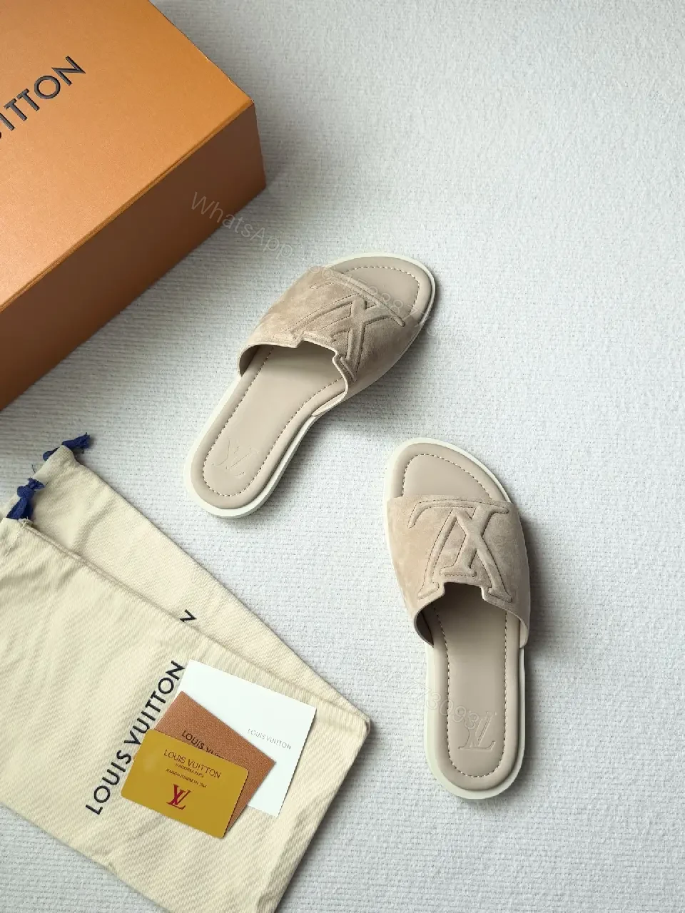 View 10 of Soft-Tone LV-Inspired Suede Slip-On Sandal with Cushioned Footbed