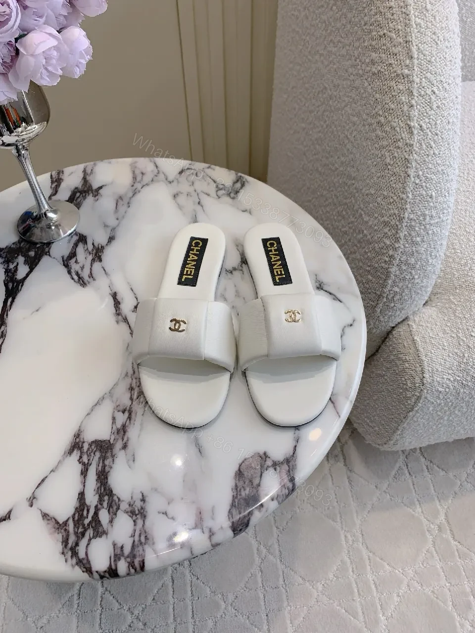 View 6 of White Leather Slide Sandals - Luxe Comfort, Subtle Logo