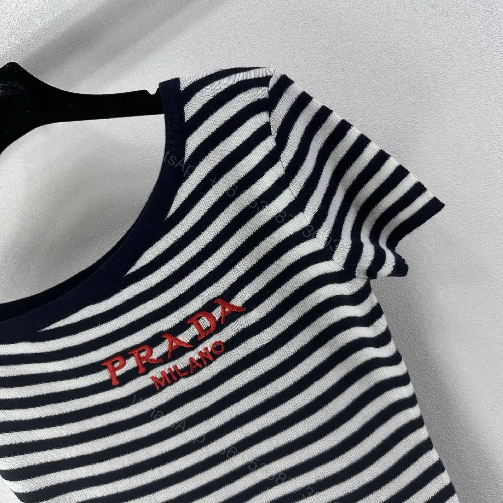 View 11 of Navy Stripe Cropped Tee with Embroidered Prada Milano Text