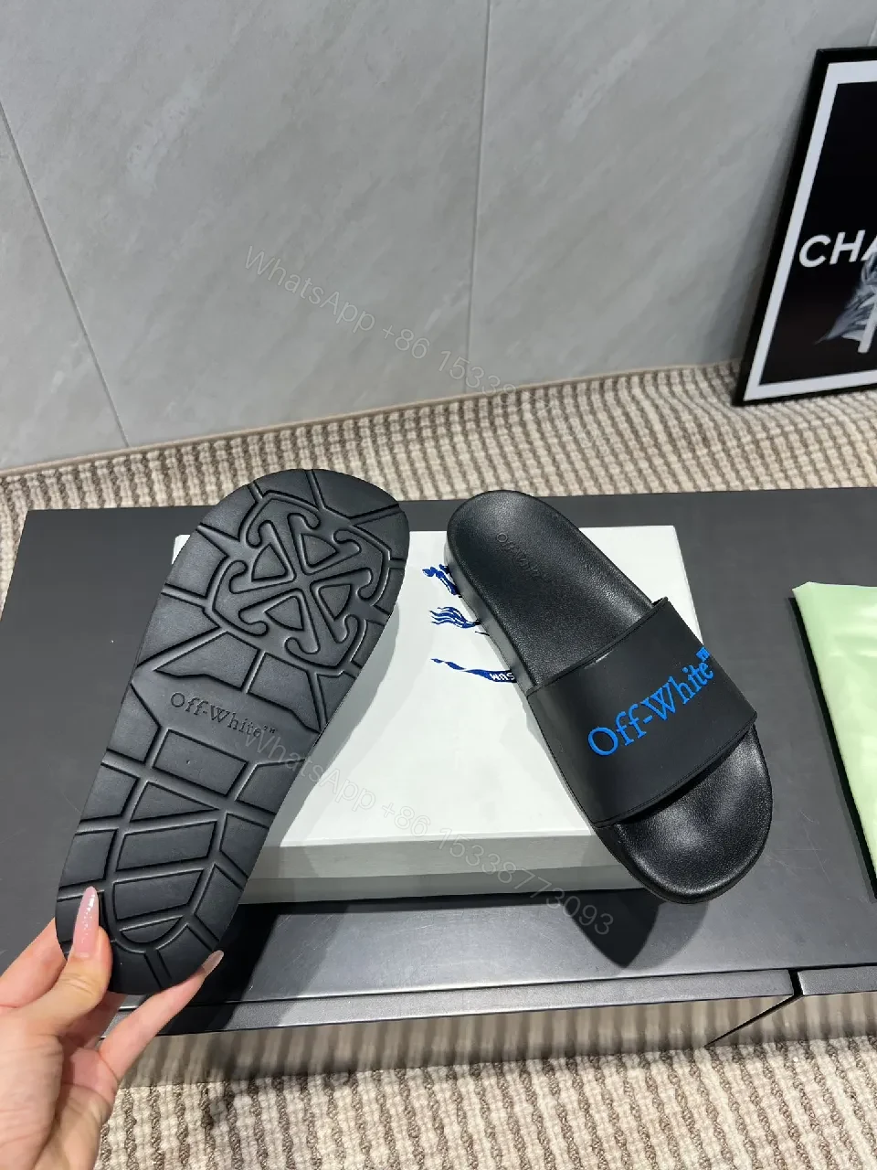 View 3 of Black Synthetic Slides | EVA Comfort | Minimal Luxe Edge + Blue Logo