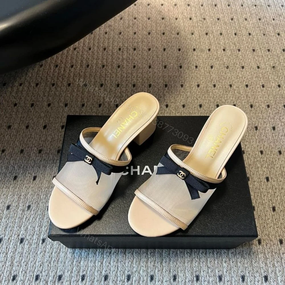 View 3 of Chanel Mesh Bow Block Heel Mules Beige And Black