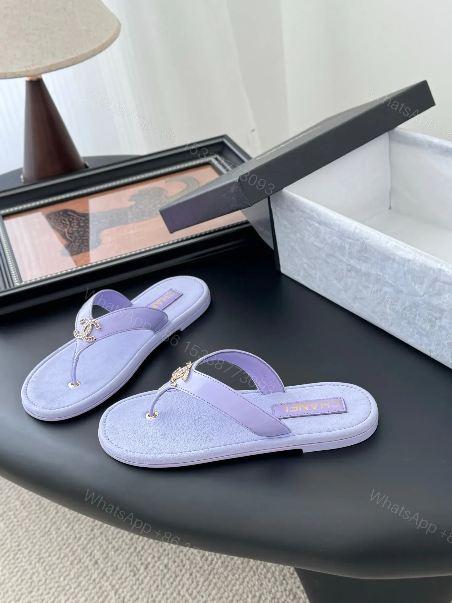 View 2 of Chanel Women Light Purple Leather Slides