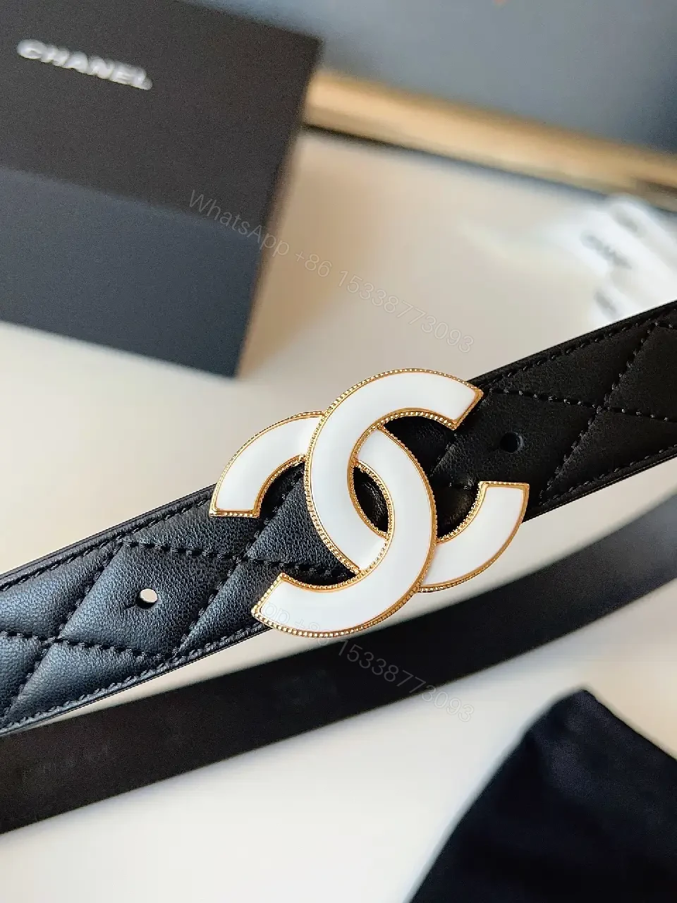 View 3 of Chic Quilted Leather Belt with Gold-C Buckle (60)