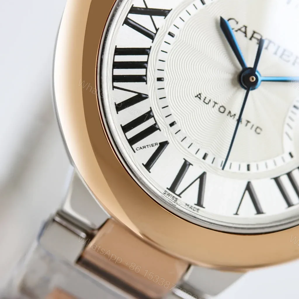 View 6 of JF Factory Cartier Ballon Bleu Automatic Watch – Rose Gold and Stainless Steel, Dark Yellow Dial, Roman Numerals, Blue Hands, 10mm Thick, Quick Release Leather Strap, Model 845565xx3489