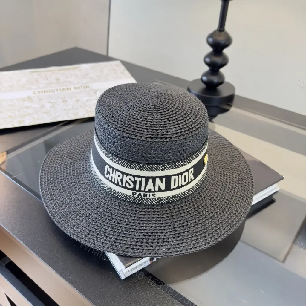 View 8 of Dark Gray/Black Straw Fedora-Round Crown Hat with Dior Ribbon