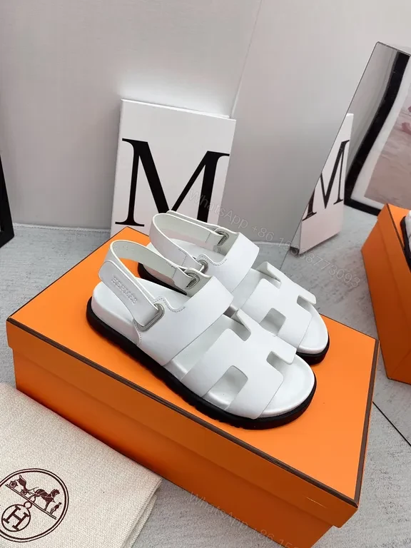 View 3 of Hermes Oran Sandals: White Calfskin, H-Detail Comfort Shoes