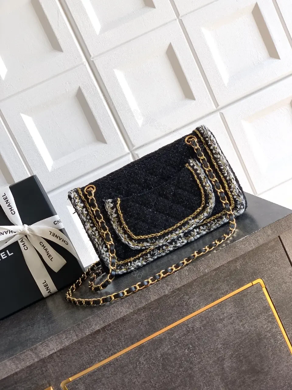View 3 of Black Bouclé Mini Flap Bag with Chain Accents, Day-to-Evening
