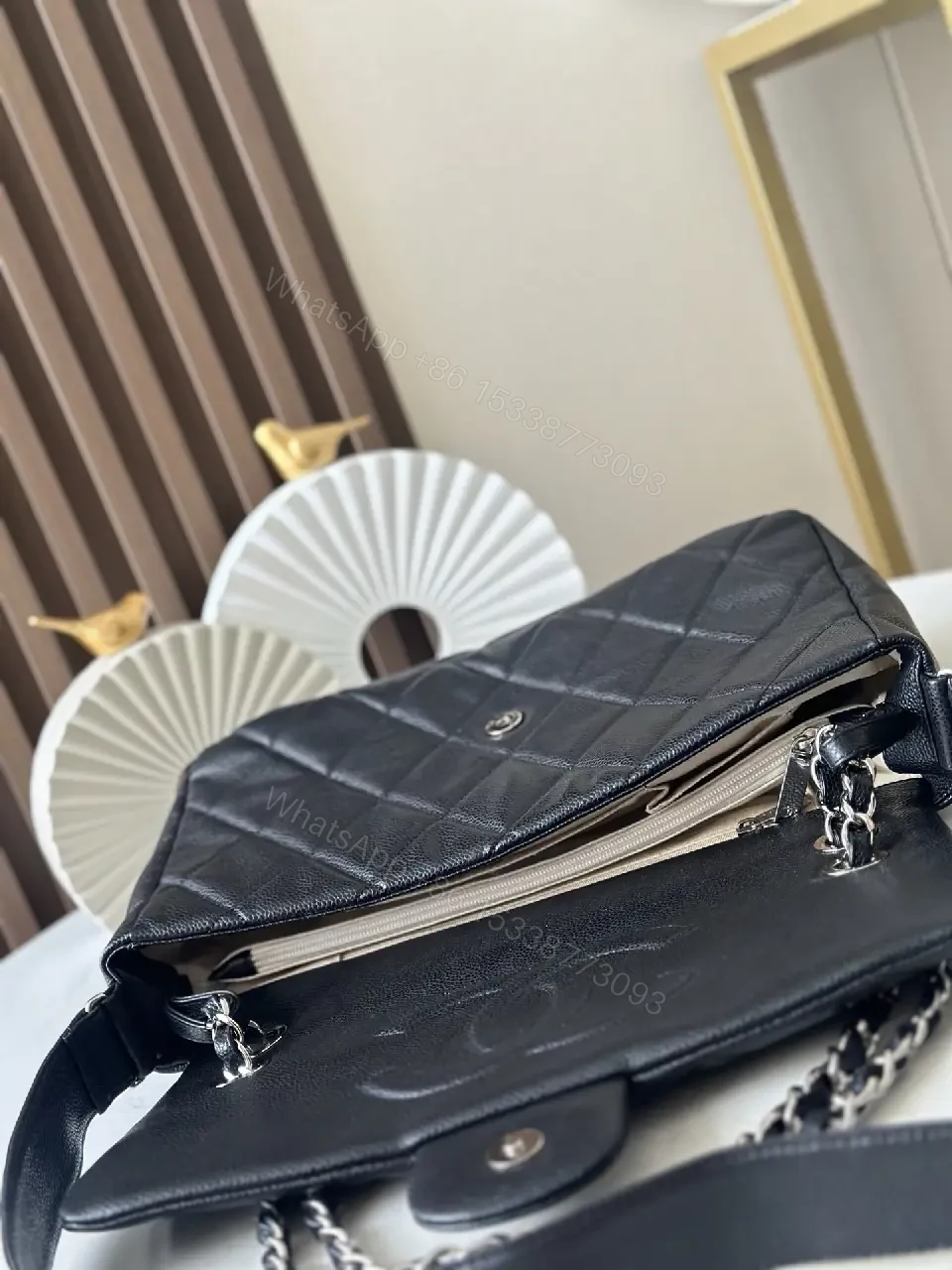 View 8 of Quilted Black Leather Satchel with Silver Chain