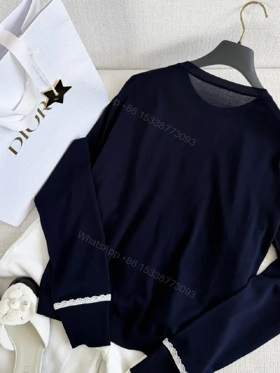 View 5 of Navy Cardigan with White Lace Trim, Classic, Button-Front, Dior Accent