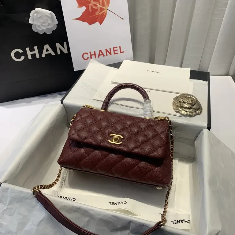 View 6 of Burgundy Quilted Leather Handbag with CC Turn-Lock