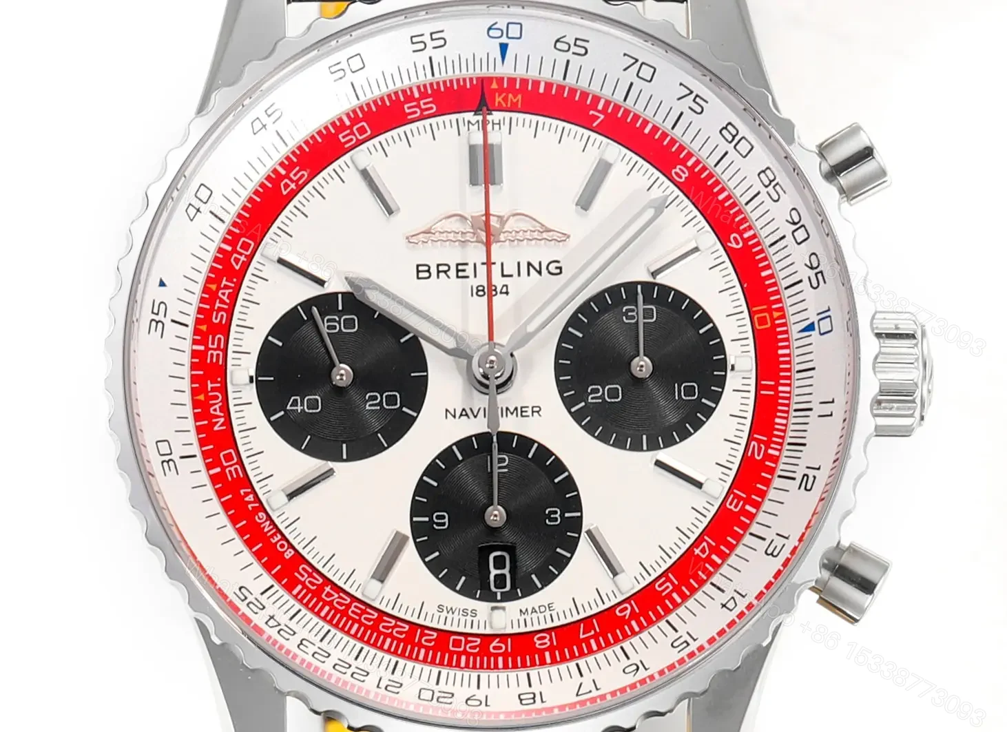View 2 of Breitling Navitimer B01 Chronograph 43 Stainless Steel Boeing Leather Strap 747 Alligator Folding AB01383B1G1P1