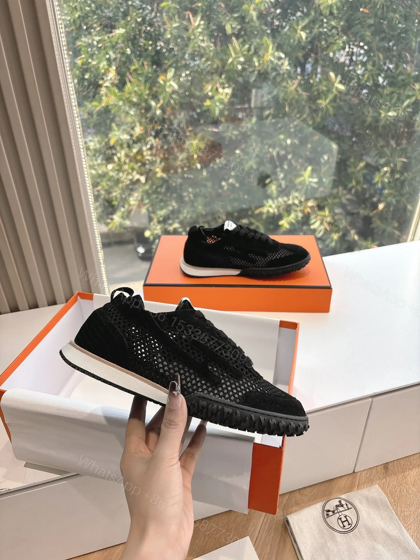 View 5 of Hermes Women Black Suede Mesh Sneakers