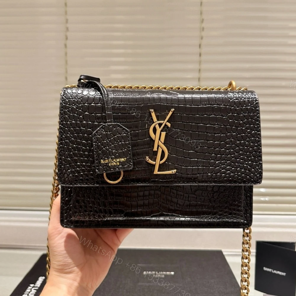 View 2 of Saint Laurent Sunset Medium Chain Bag In Crocodile-Embossed Black 22Cm 442906DND0J1000