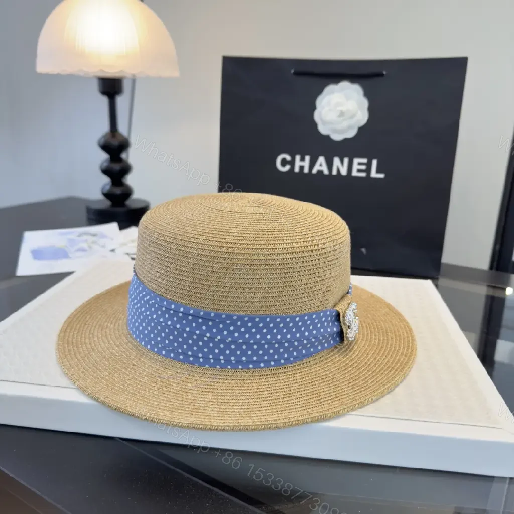 View 8 of Natural Tan Straw Boater Hat with Blue Polka Dot Band and Chanel Clasp