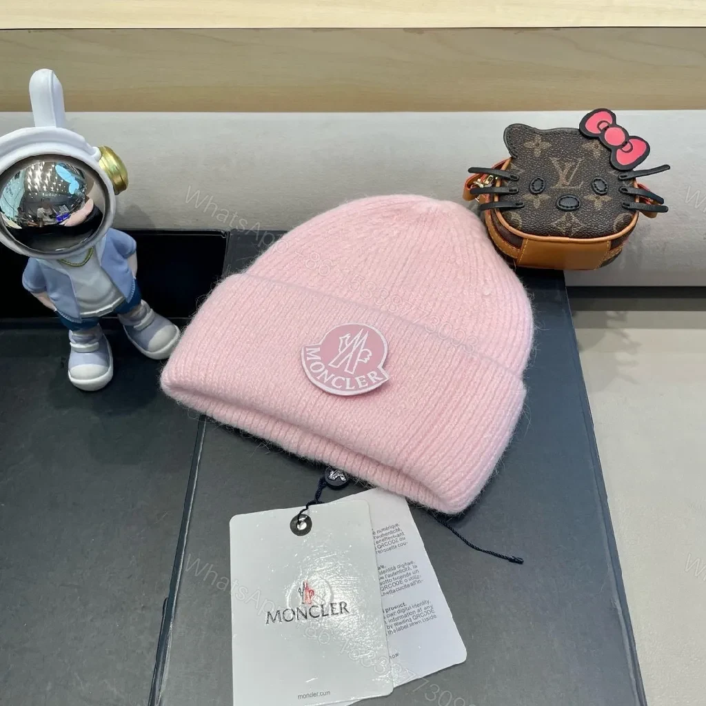 View 4 of Soft Pink Wool Beanie: Luxe Moncler Patch, Cozy Everyday Wear