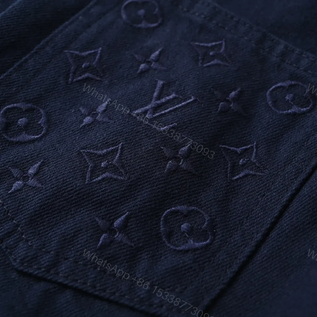 View 3 of Dark Denim Jacket with LV-Inspired Embroidered Pocket