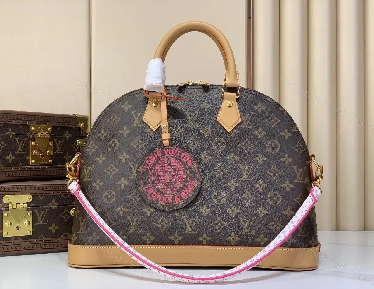 View 10 of Brown Canvas Tote with Tan Leather Trim, LV Monogram Style Handbag