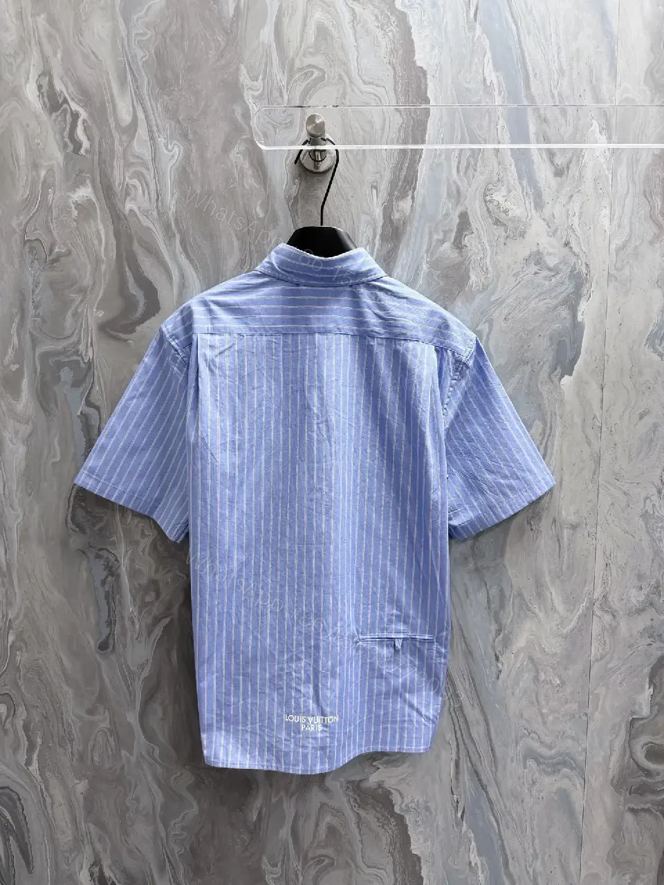 View 2 of Light-Blue Striped Shirt with Modern Accents, Cotton Blend, Short-Sleeve, Premium Comfort