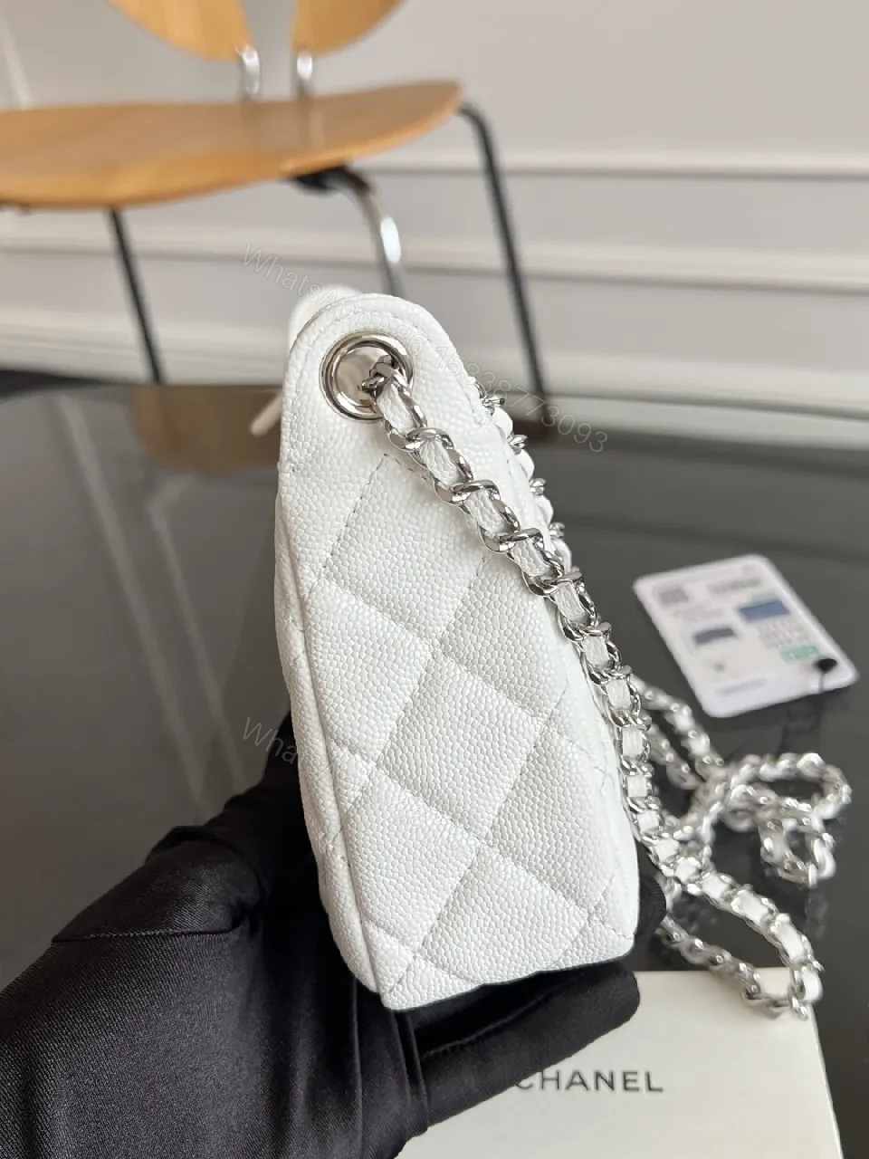 View 5 of Quilted White Mini Bag with Silver Chain - Luxe Compact Style