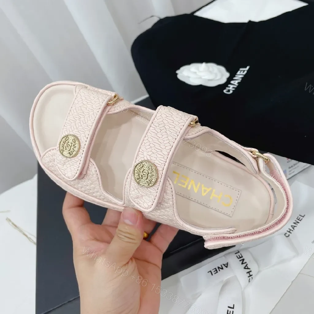 View 2 of Soft Pink Textured Sandals with Gold Button Accents