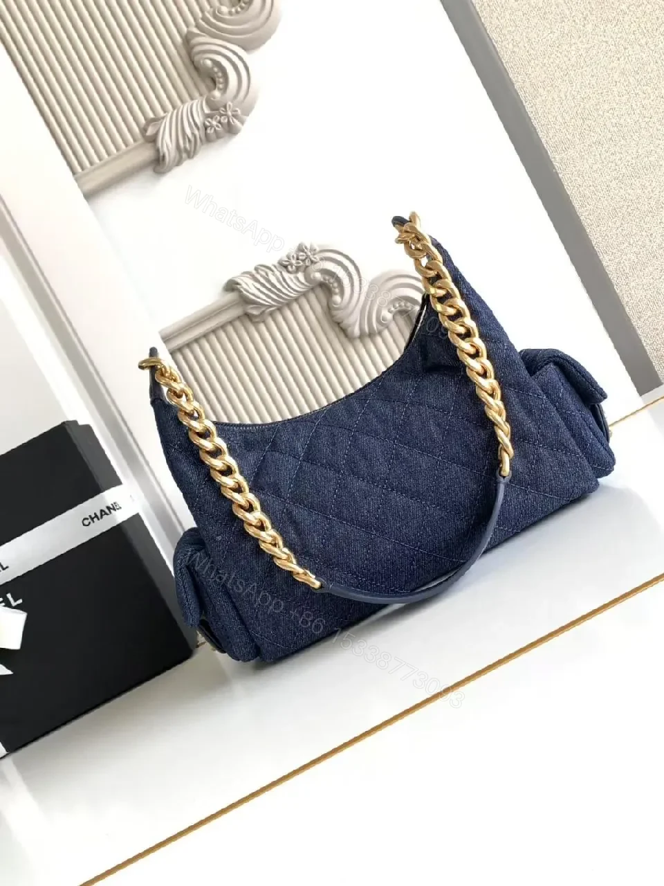 View 5 of Quilted Denim Shoulder Bag with Gold Chain Hardware