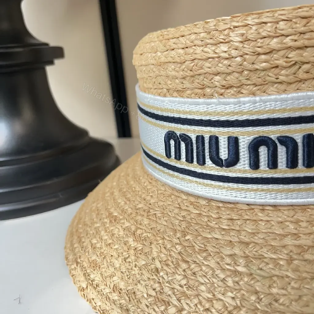 View 3 of Light Tan Straw Hat Wide Brim Flat Crown White Band Blue Stripes MIU MIU Visor Hat
