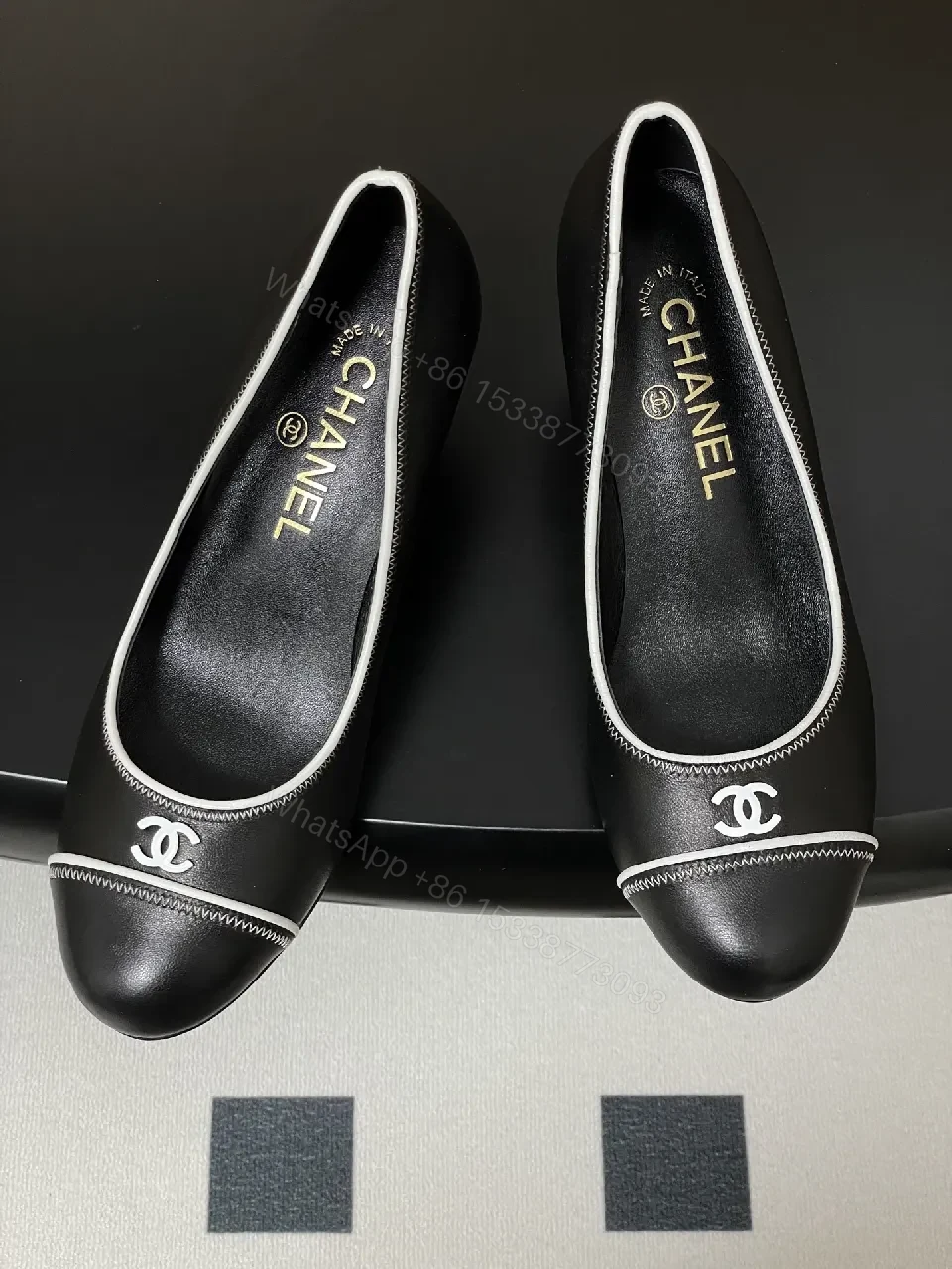 View 6 of Black Leather Heels - White Piping, Logo Detail, 2.5" Heel
