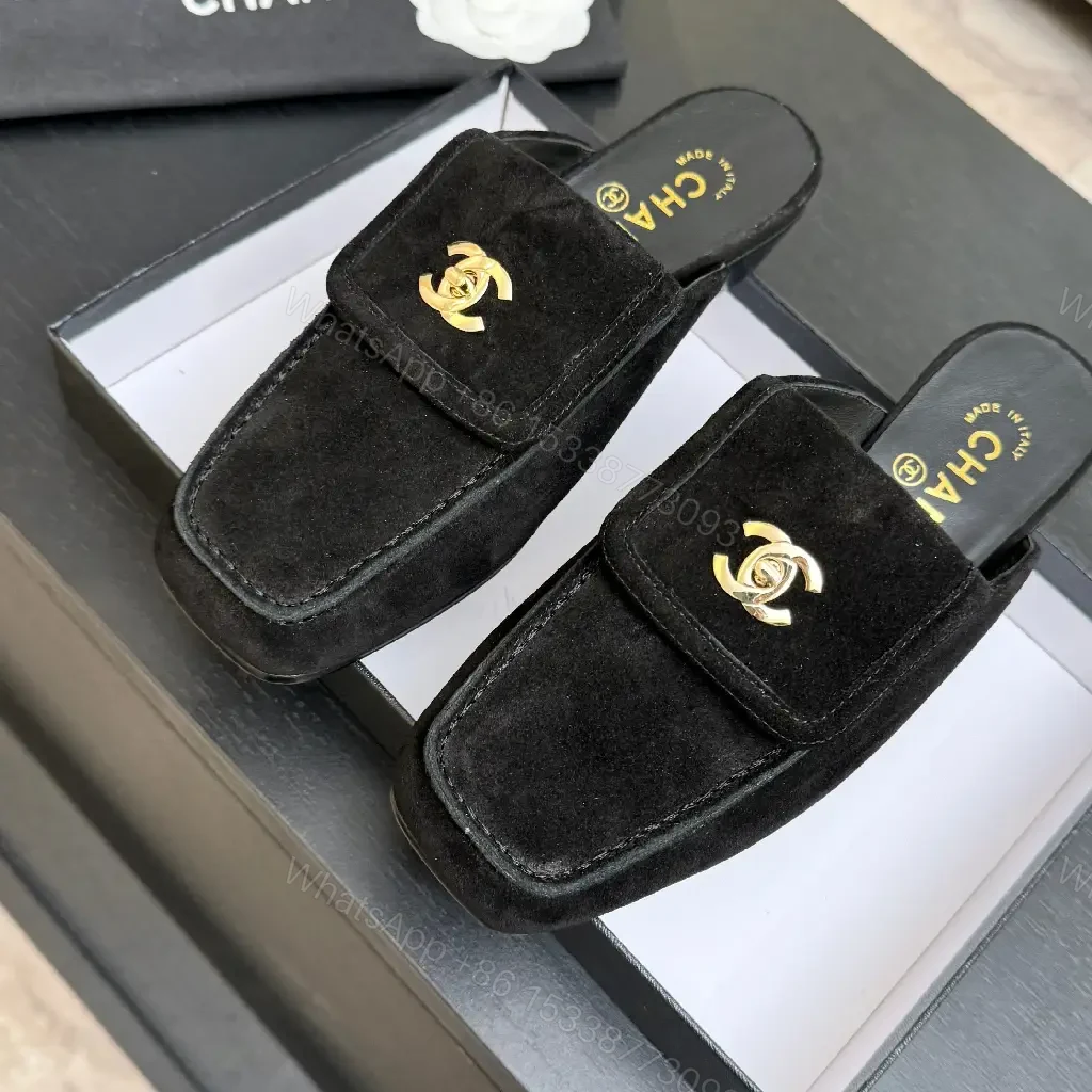 View 8 of Black Suede Slip-Ons with Gold Chanel Logo Moccasins