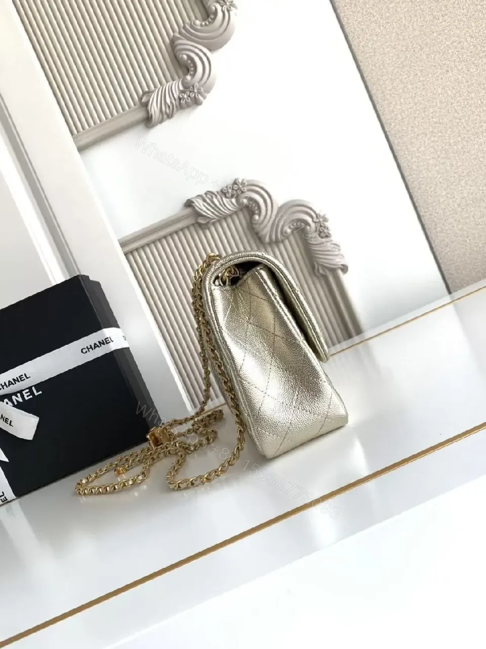 View 9 of Quilted Lambskin Flap Bag with Gold Chain—Elegant Chic