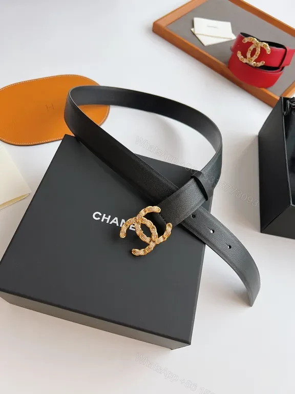 View 2 of Chanel-Style Leather Belt with Gold Logo Clasp