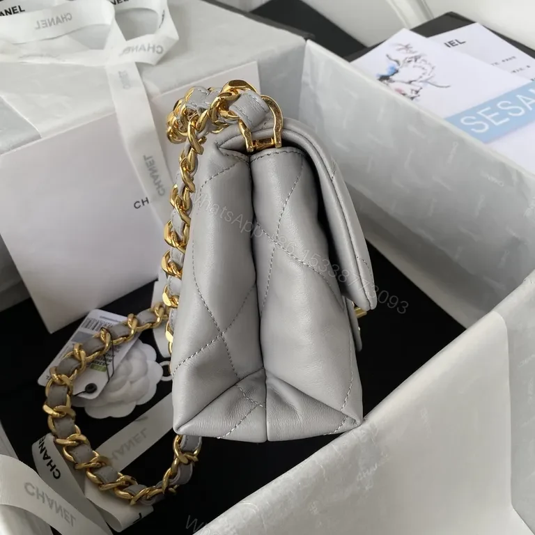 View 3 of Chanel-Inspired Quilted Mini Bag: Gray & Gold Chain Luxury