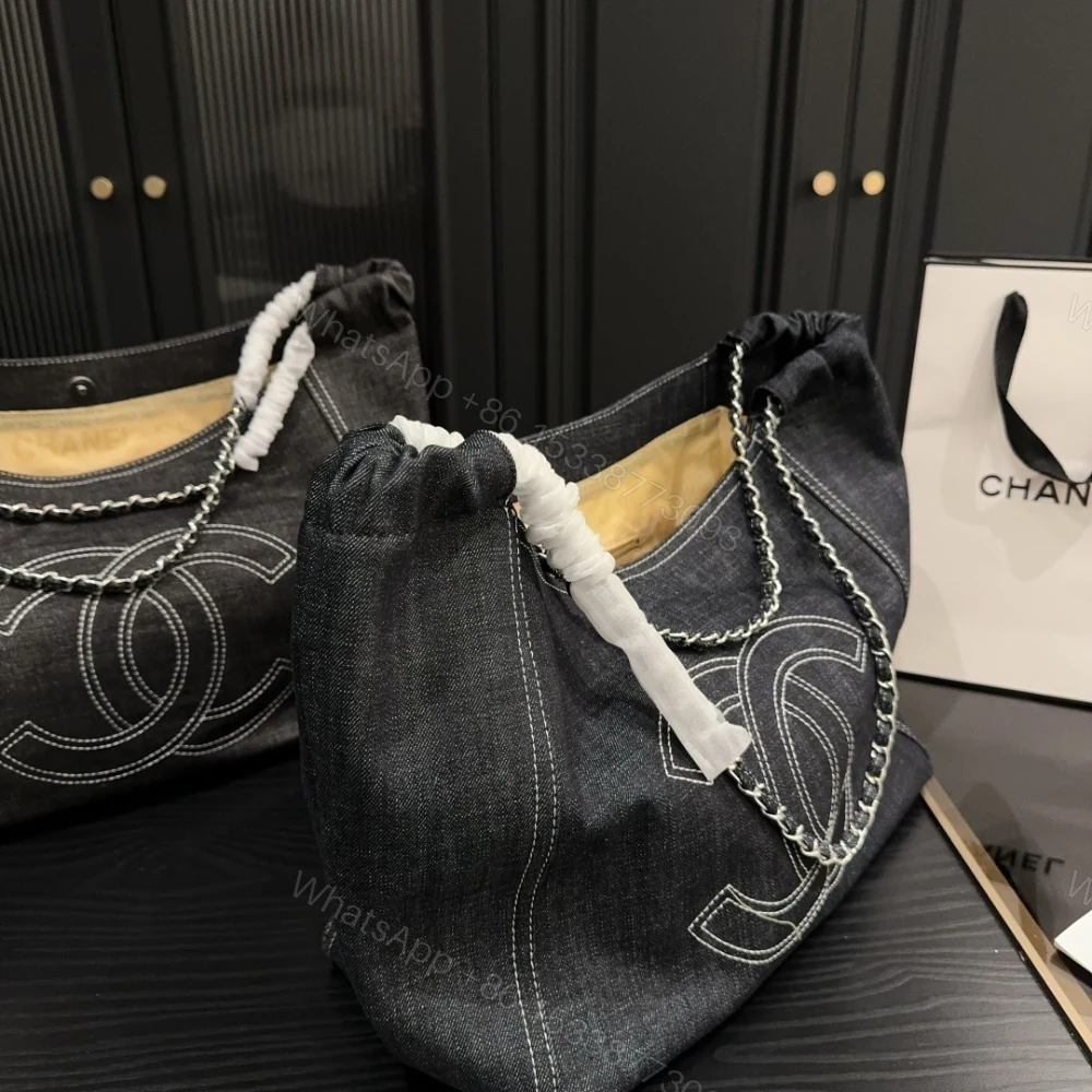 View 7 of Chanel Large Tote Bag Black Denim Chain Strap 36Cm