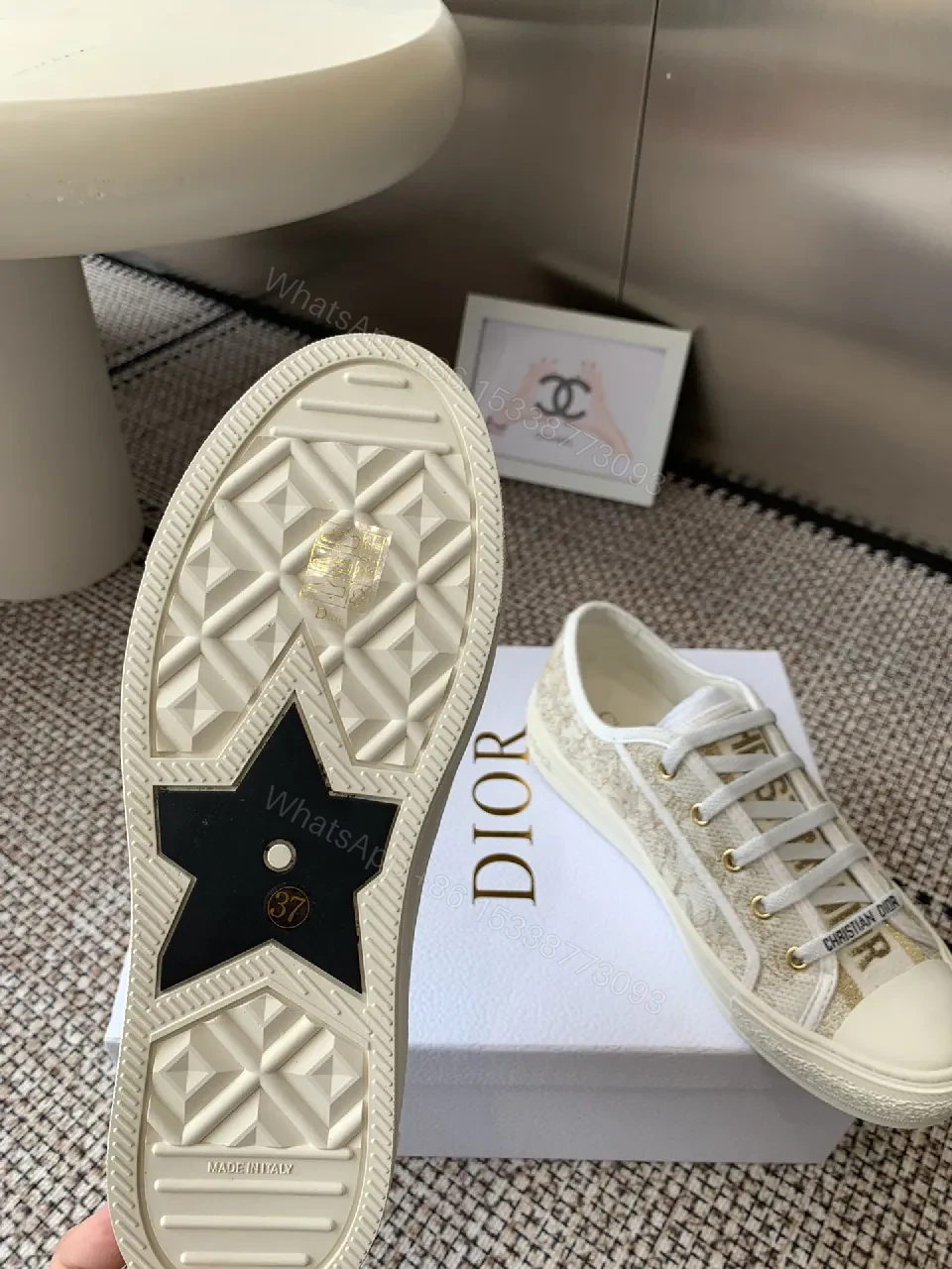 View 2 of Cream Canvas Low-Top Sneakers with Monogram Texture