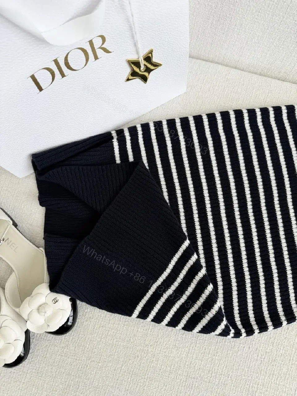 View 8 of Navy White Striped Knit Dress with Bow Tie - Dior-inspired
