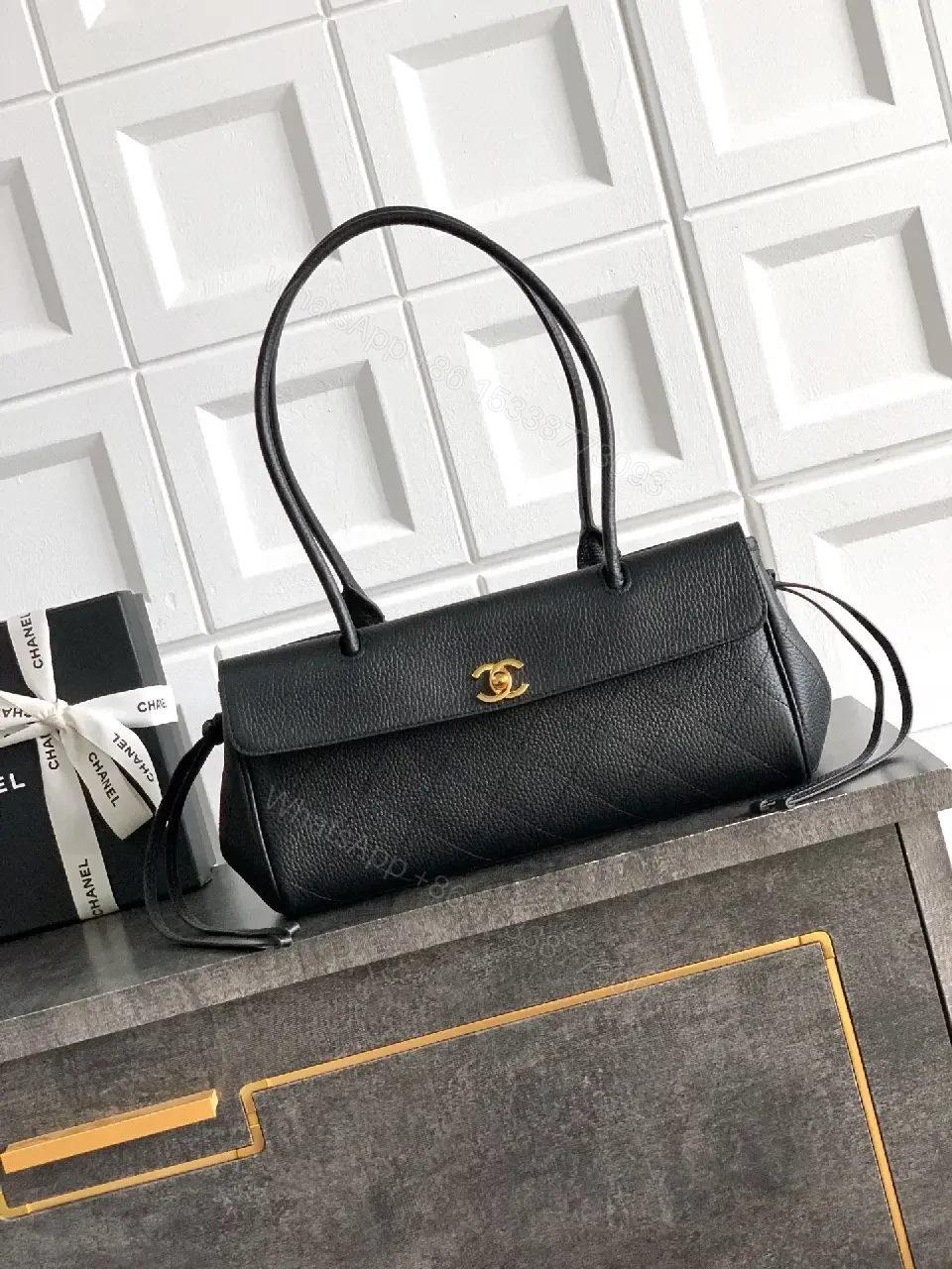 View 6 of Black Leather Shoulder Bag: Refined Texture, Subtle Branding, All-Day Versatility