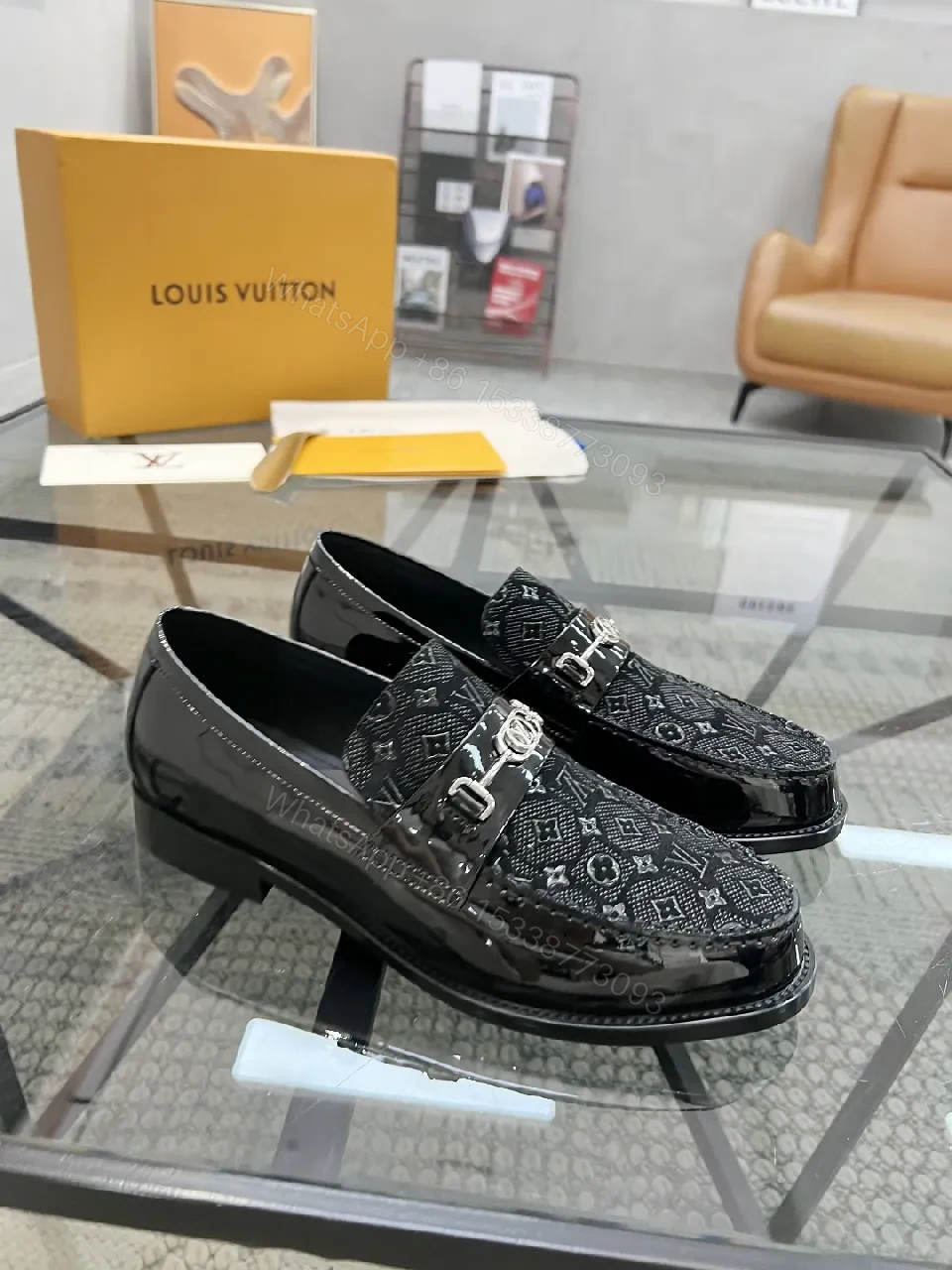 View 2 of Lux Black Patent Leather Loafers with Monogram Texture and Silv