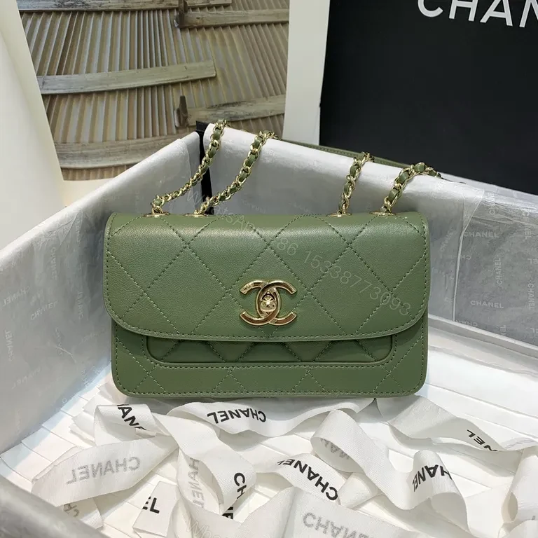 View 7 of Soft Green Quilted Shoulder Bag with Gold Chain