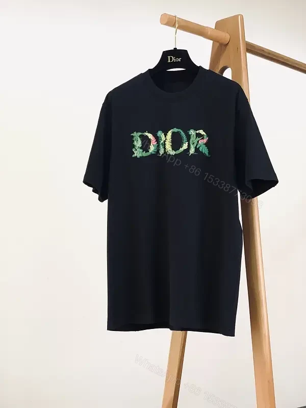 Black Cotton Dior T Shirt Embroidered Leaf Logo Tee — view 1