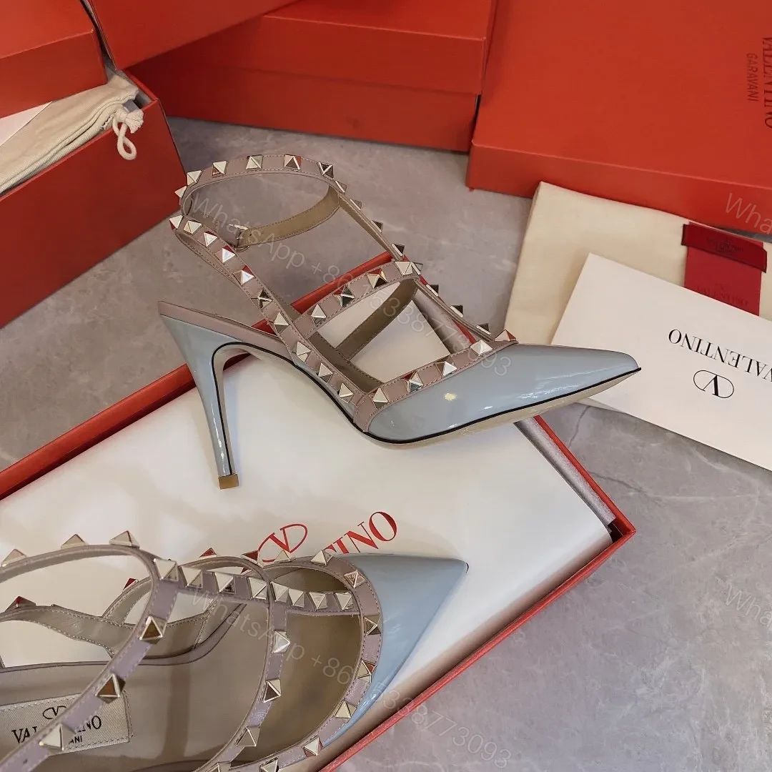 View 4 of Valentino Women Light Blue Patent Leather Studded Heels