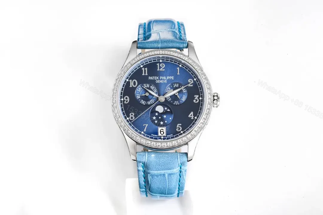 Patek Philippe Complications Collection Annual Calendar Moon Phase Women’s Watch in Blue with Diamond Set Case 38mm Italian Leather Strap — view 1