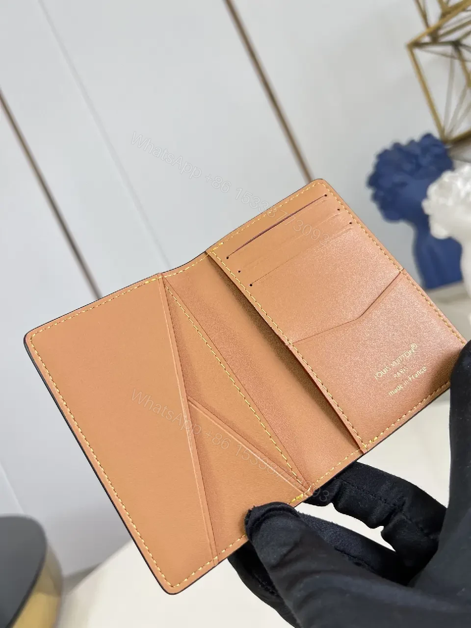 View 5 of Brown Canvas LV Monogram Wallet with Orange Trim Cardholder, Clasp Closure