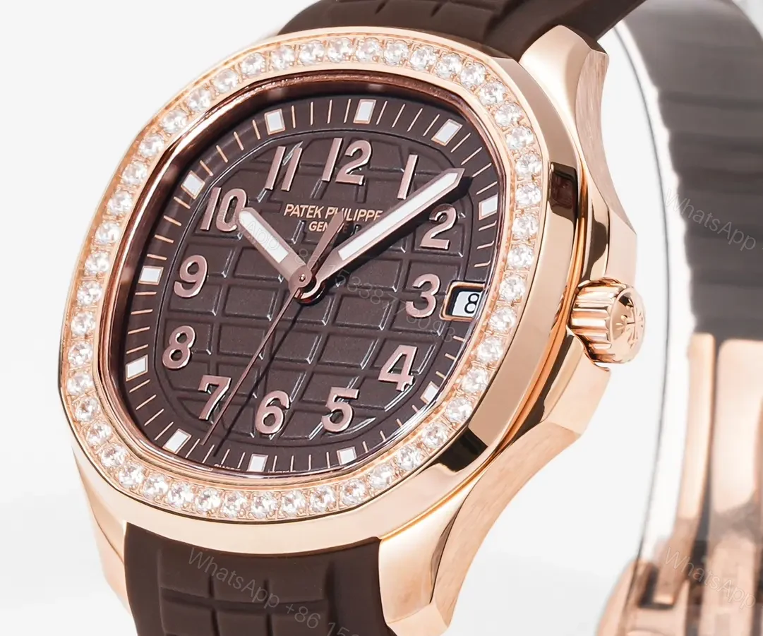 View 2 of Patek Philippe Aquanaut Luce 5268 Series Rose Gold Watch with Diamond Bezel Brown Dial and Rubber Strap
