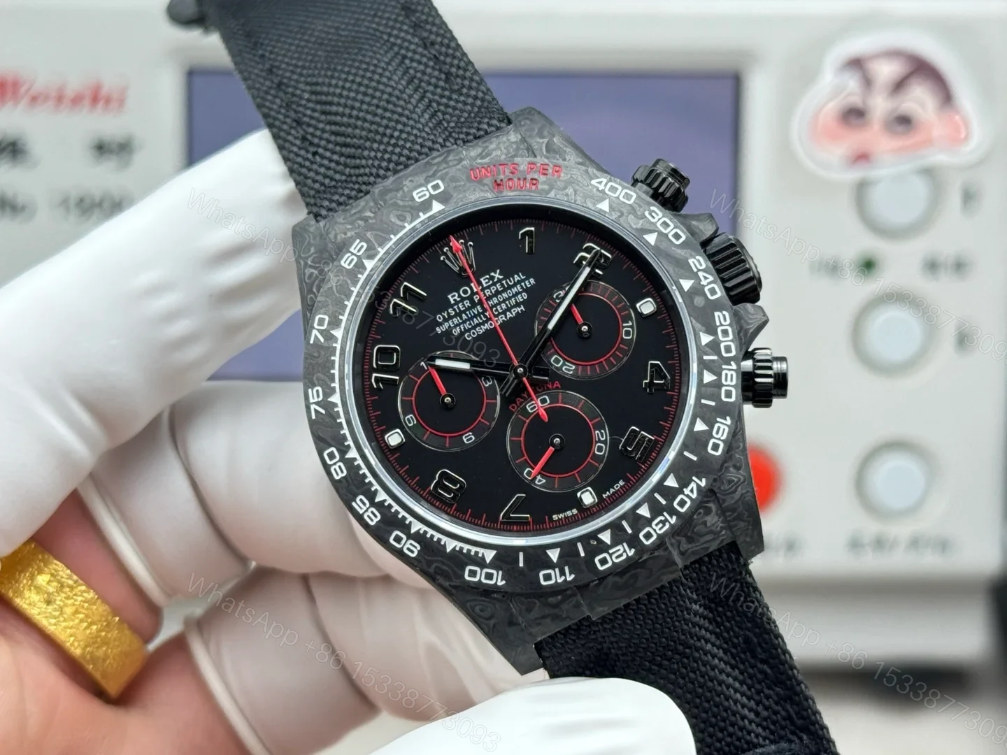 View 2 of Rolex Daytona Carbon Fiber Black Red Replica 40MM Premium Black Fabric Strap R74-BLACK-RED