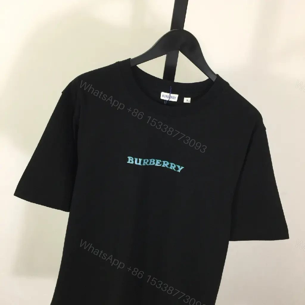 View 5 of Black Cotton T-shirt Regular Fit Turquoise Burberry Chest Text T-shirt